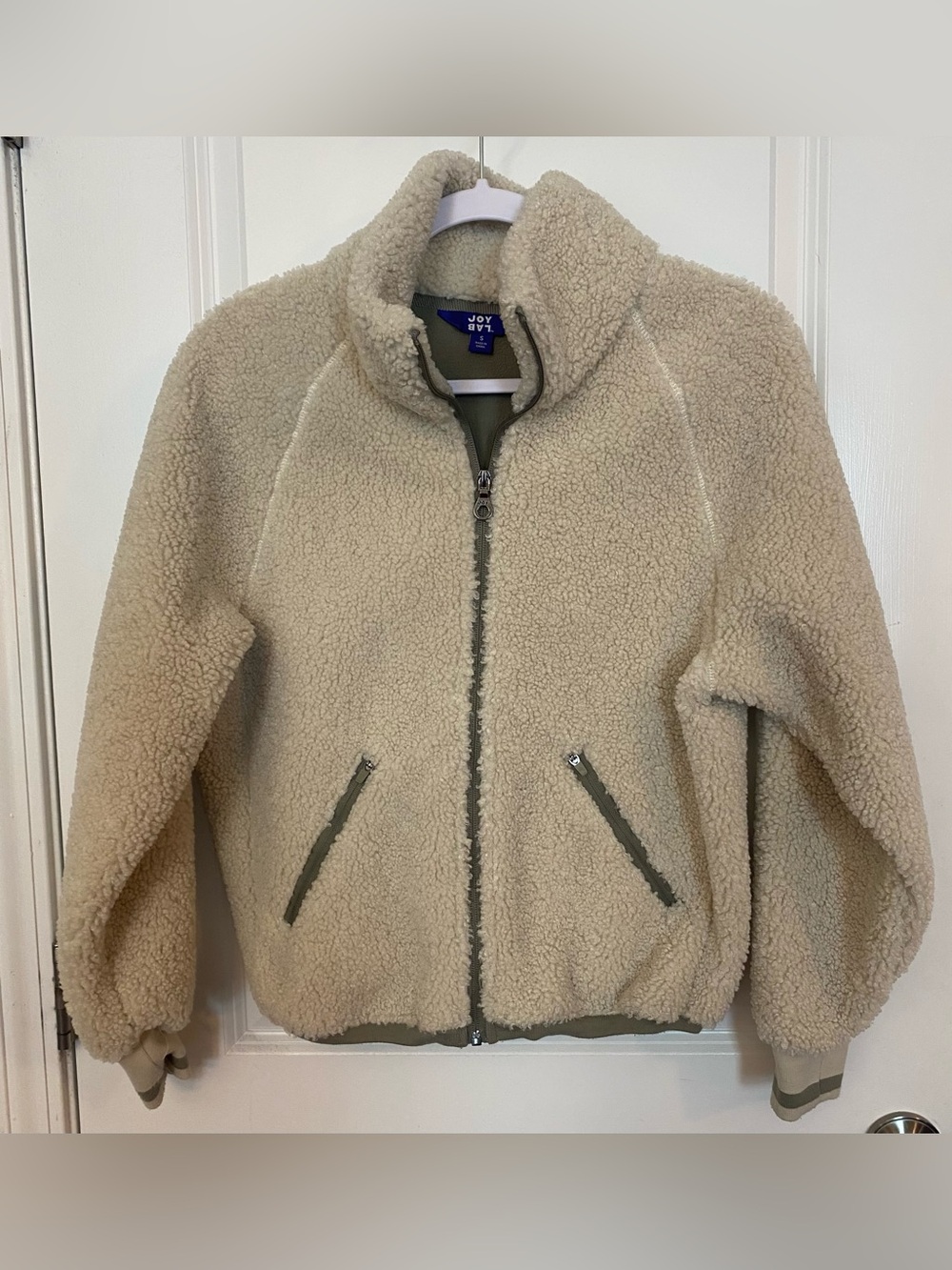 JoyLab Sherpa Fleece Full Zip Jacket Sz S Beige Pockets Lined High Collar